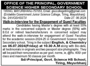 Walk-in for the Engagement of Guest Faculties Office of the Principal, Government Science Higher Secondary School