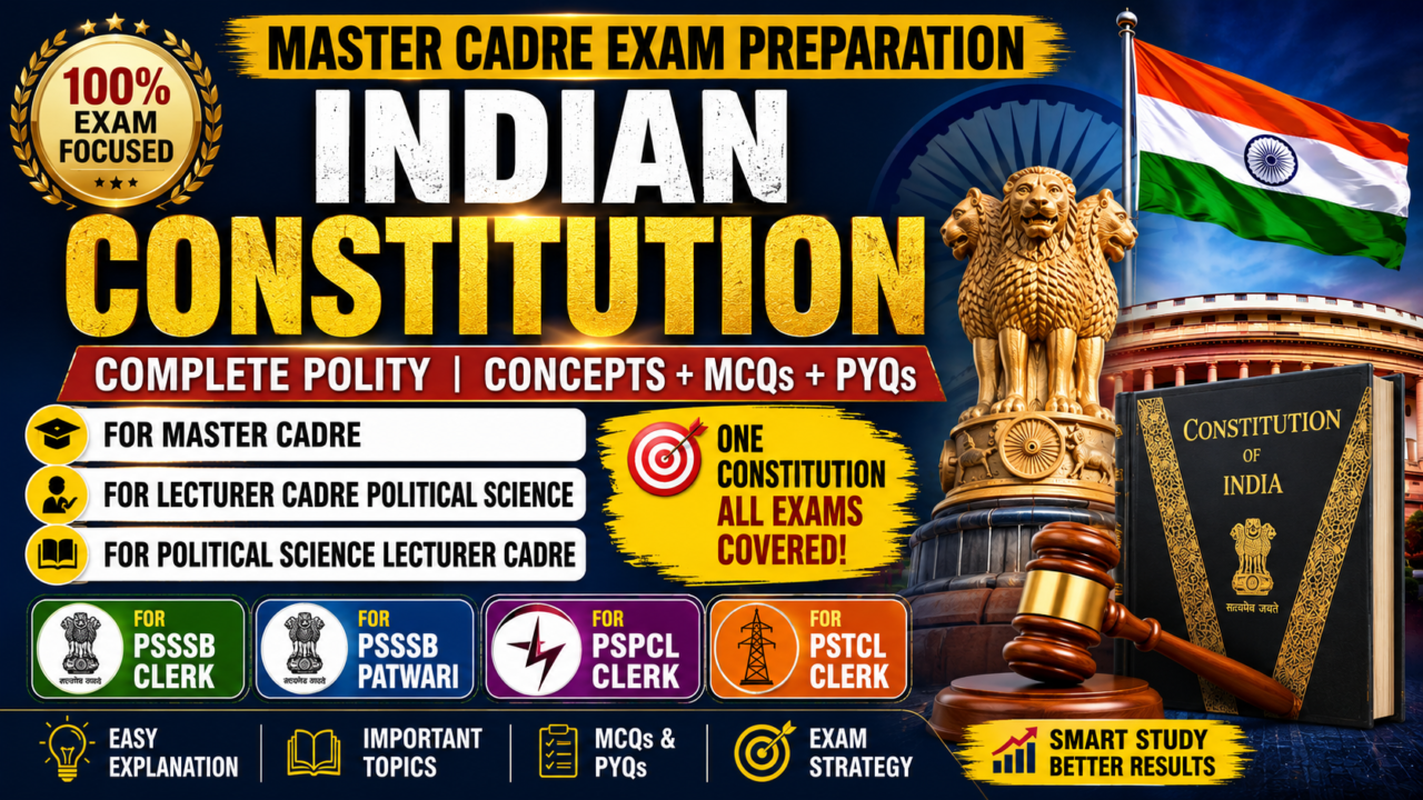 Indian Polity Quiz :- Indian Constitution for Master Cadre, Lecturer Cadre Political Science, Political Science Lecturer Cadre, Polity for PSSSB Clerk, PSSSB Patwari, PSPCL Clerk, PSTCL Clerk